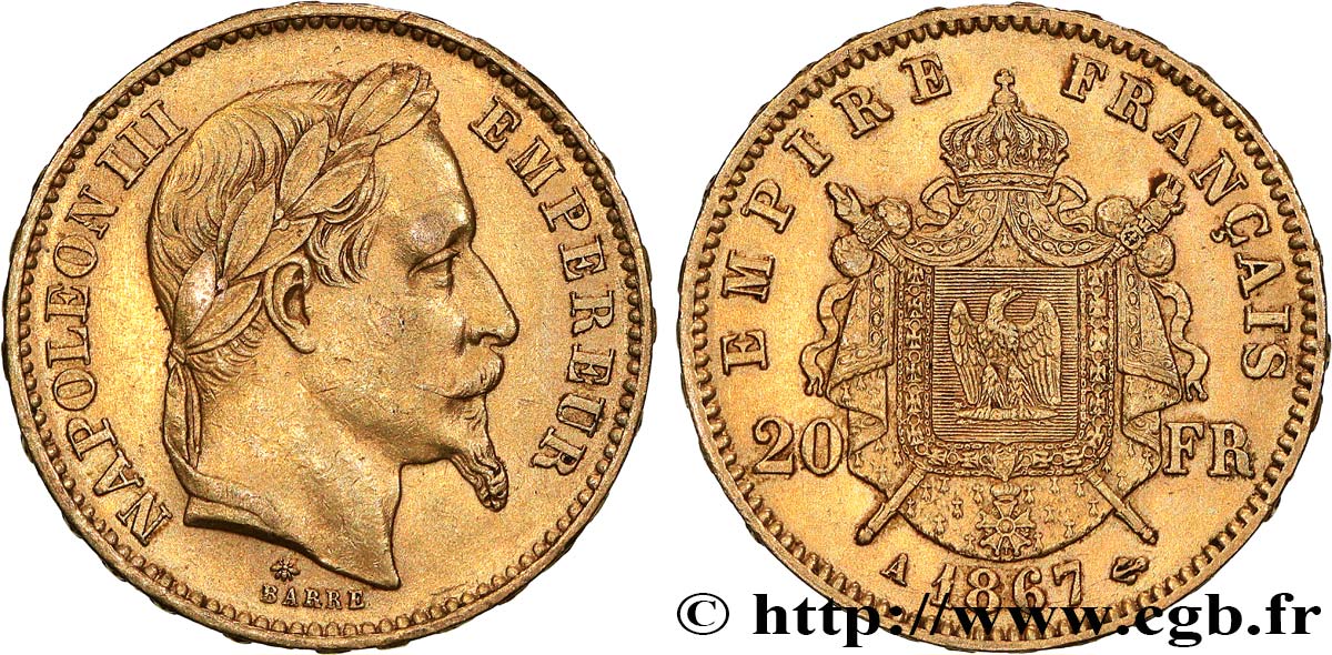 20 francs or Napoléon III, tête laurée 1867 Paris F.532/15 TTB+ 