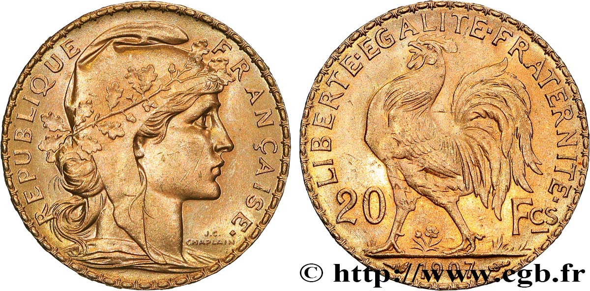 20 francs or Coq, Liberté Égalité Fraternité 1907 Paris F.535/1 SUP+ 