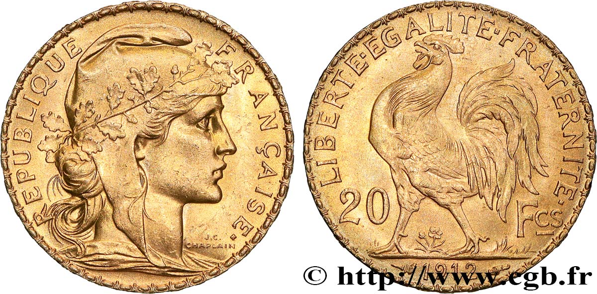 20 francs or Coq, Liberté Égalité Fraternité 1912 Paris F.535/6 SPL 