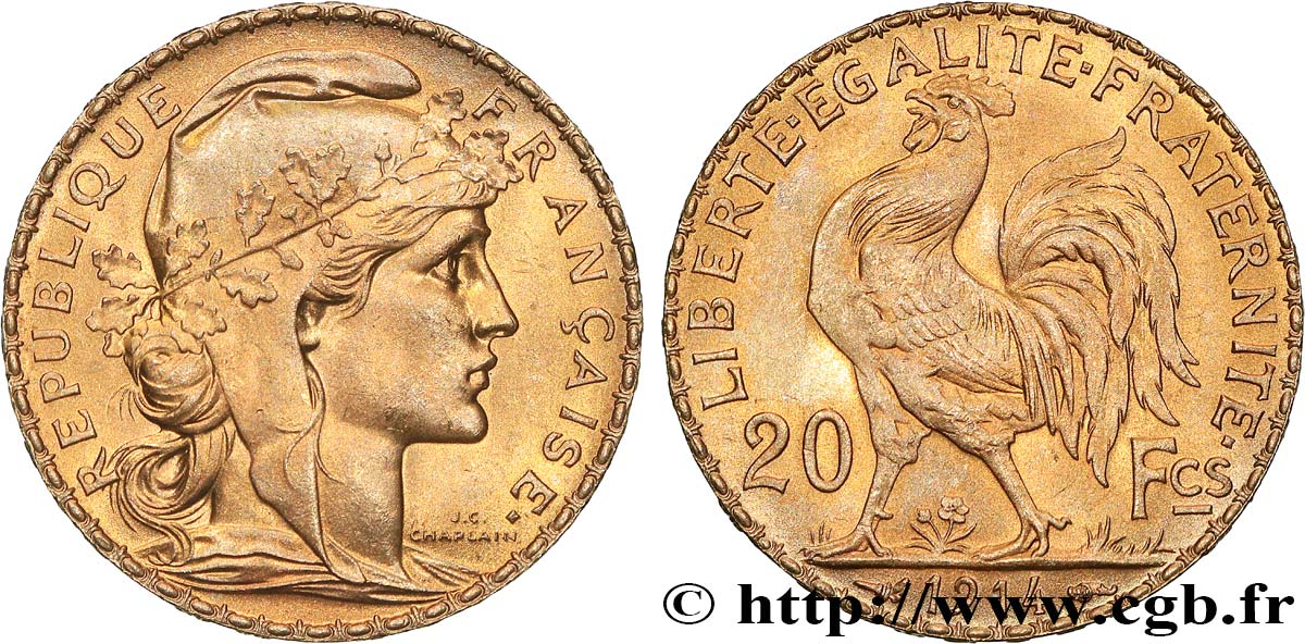 20 francs or Coq, Liberté Égalité Fraternité 1914 Paris F.535/8 MS 