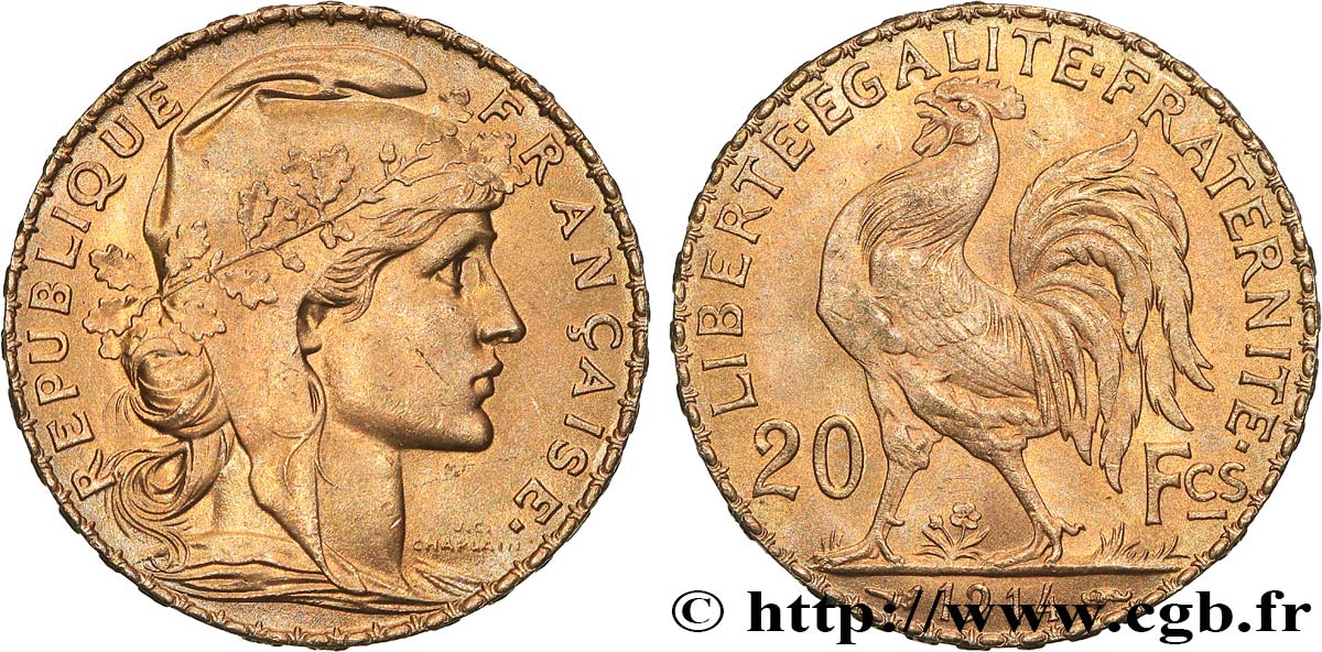 20 francs or Coq, Liberté Égalité Fraternité 1914 Paris F.535/8 VZ+ 