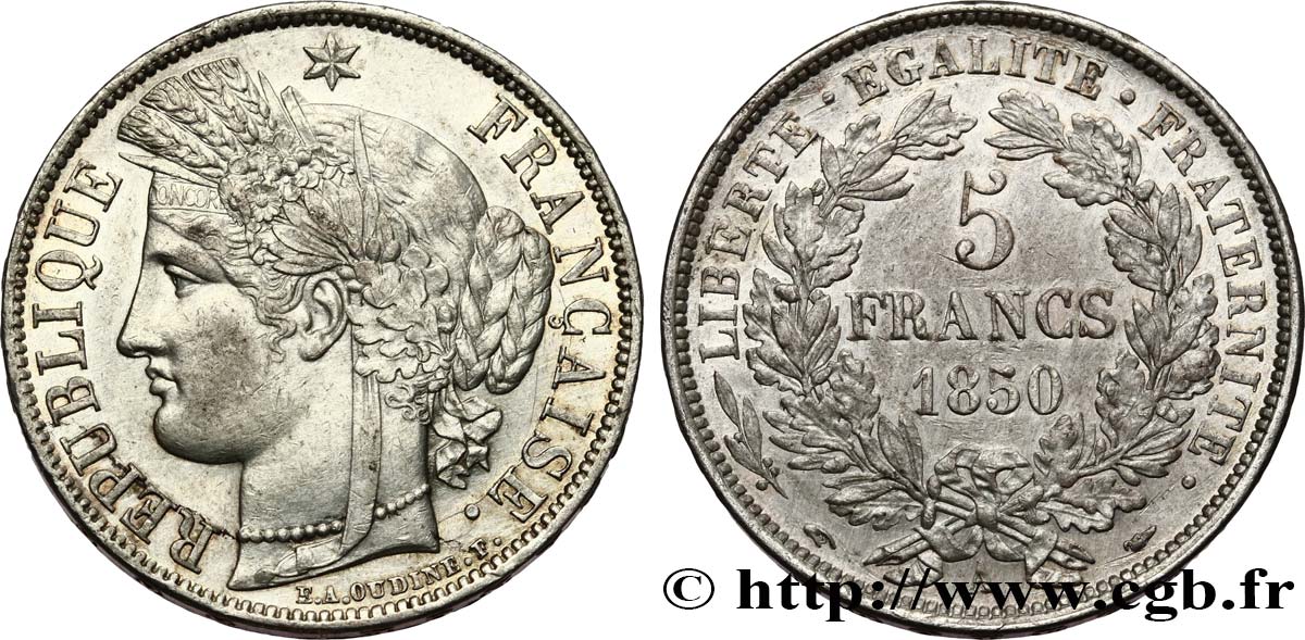 5 francs Cérès, IIe République 1850 Paris F.327/4 TTB+ 