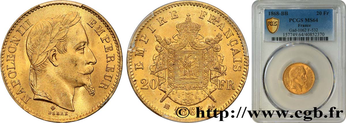 20 francs or Napoléon III, tête laurée 1868 Strasbourg F.532/19 SPL64 PCGS