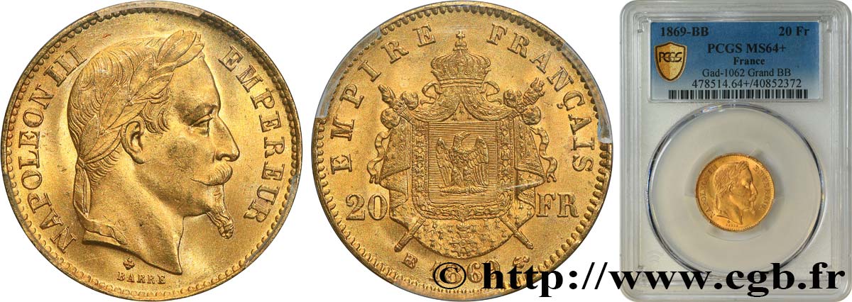 20 francs or Napoléon III, tête laurée, petit BB 1869 Strasbourg F.532/21 SC64 PCGS