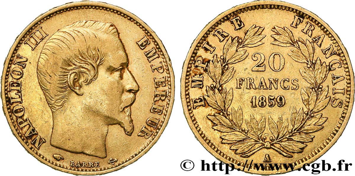 20 francs or Napoléon III, tête nue 1859 Paris F.531/15 MBC 