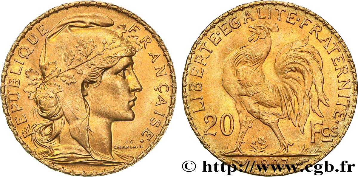 20 francs or Coq, Liberté Égalité Fraternité 1907 Paris F.535/1 SPL+ 