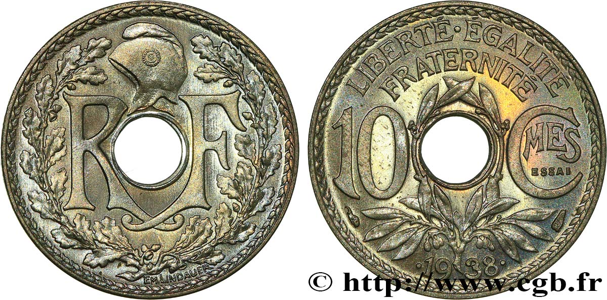 Essai de 10 centimes Lindauer, maillechort 1938 Paris F.139/1 fST64 