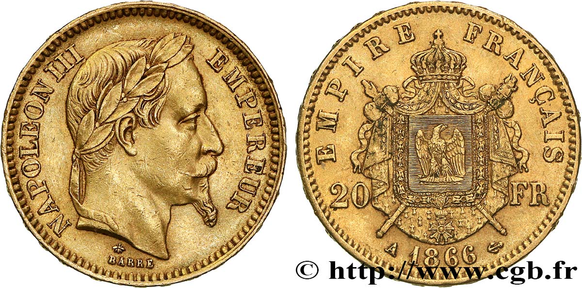 20 francs or Napoléon III, tête laurée 1866 Paris F.532/13 TTB 