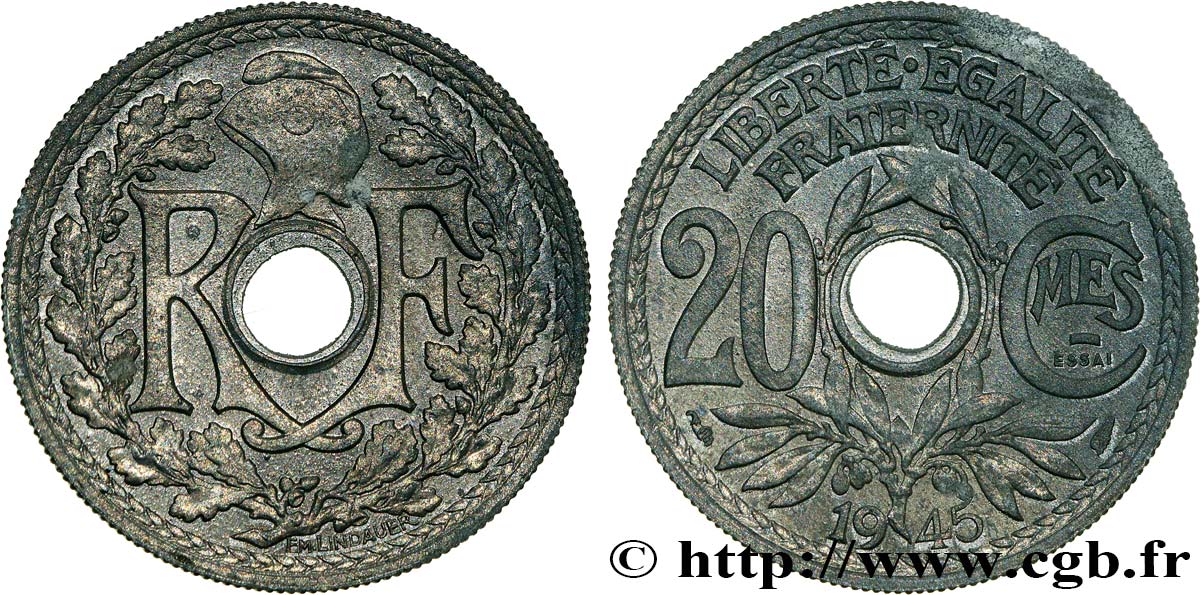 Essai de 20 centimes Lindauer en zinc 1945 Paris F.155/1 SPL+ 