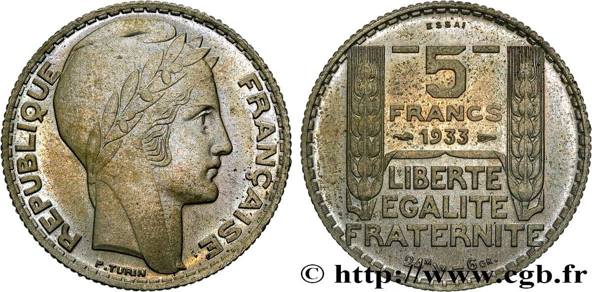 Essai de 5 francs Turin en cupro-nickel 1933 Paris GEM.140 12 MS63 