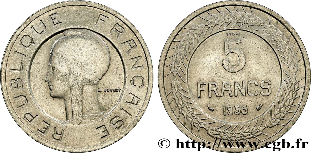 Concours de 5 francs, essai de Cochet en nickel 1933 Paris GEM.135 1 EBC+ 