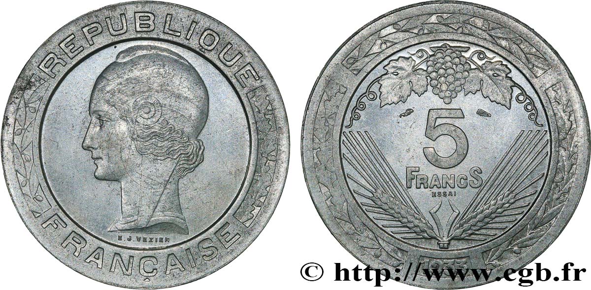 Concours de 5 francs, essai de Vézien en aluminium 1933 Paris GEM.139 4 SUP+ 