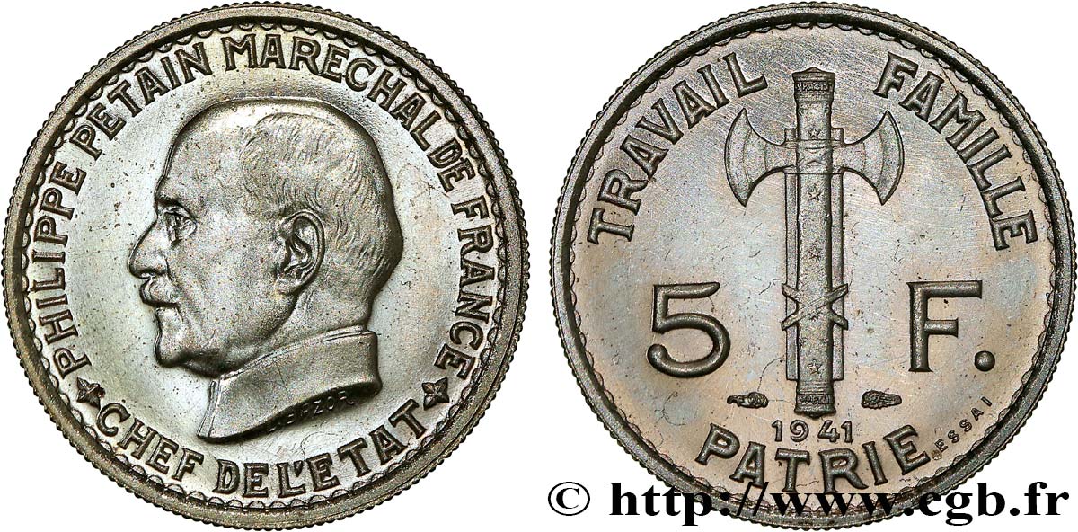 Essai de 5 francs Pétain en fer plaqué nickel, 3e projet de Bazor (type adopté) 1941 Paris GEM.142 60 MS64 