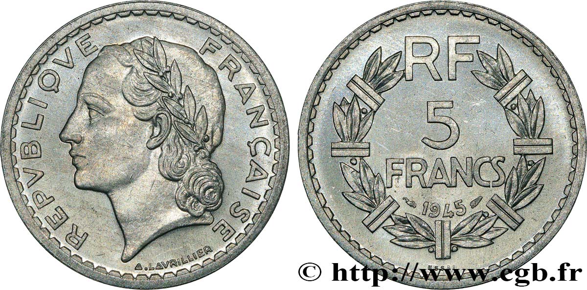 Essai de 5 francs Lavrillier, aluminium 1945 Paris F.339/1 MS62 