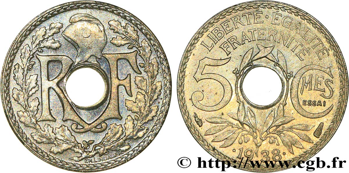 Essai de 5 centimes Lindauer maillechort, ESSAI en relief 1938 Paris F.123A/1 fST63 