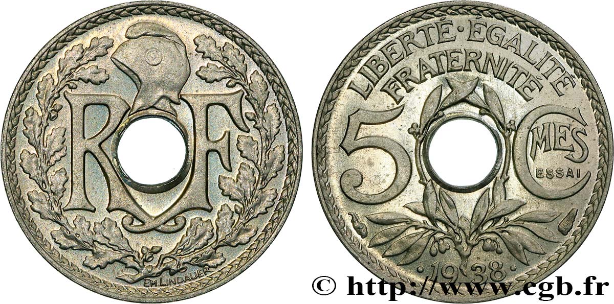 Essai de 5 centimes Lindauer maillechort, ESSAI en relief 1938 Paris F.123A/1 MS65 