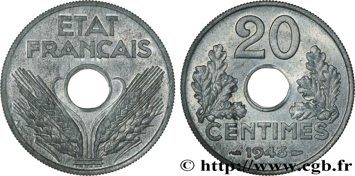 20 centimes État français, légère, poids très léger (2,80 g) 1943  F.153A/1 var. fST63 
