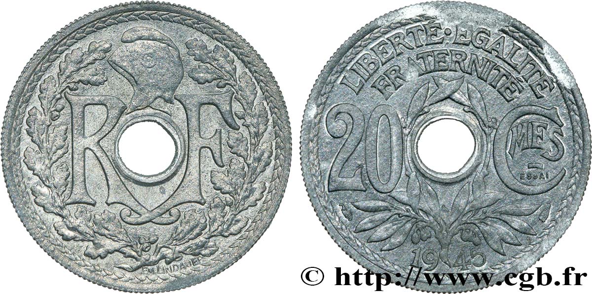Essai de 20 centimes Lindauer en zinc 1945 Paris F.155/1 SUP+ 