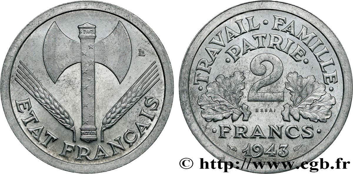 Essai de 2 francs Francisque 1943 Paris F.270/1 EBC+ 