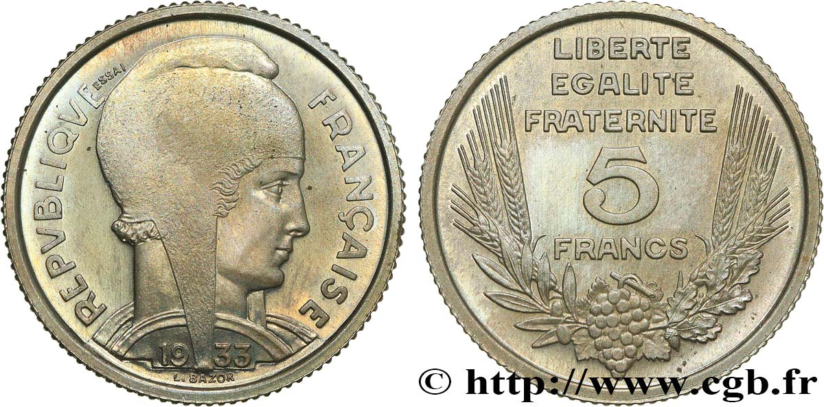 Essai de 5 francs Bazor en cupro-nickel, non magnétique, poids standard 1933 Paris GEM.134 10 MS65 