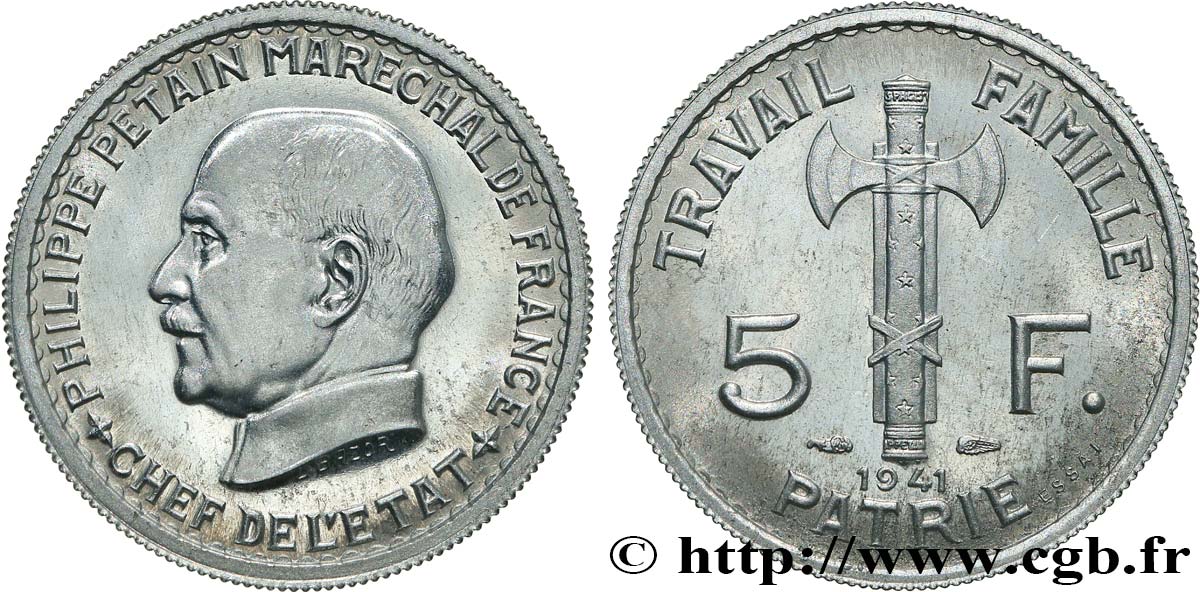 Essai de 5 francs Pétain en aluminium, 3e projet de Bazor (type adopté) 1941 Paris GEM.142 62 SPL63 