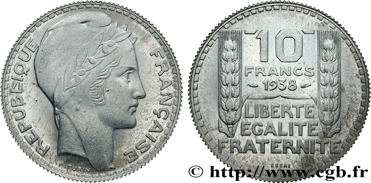 Essai de 10 Francs TURIN en aluminium, tranche striée, poids lourd 1938 Paris GEM.173 4 MS63 