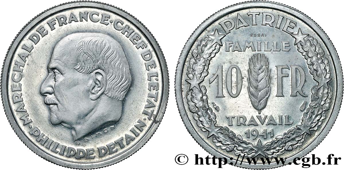 Essai de 10 Francs Pétain en aluminium par Simon, poids lourd (3g) 1941 Paris GEM.177 3 SPL63 