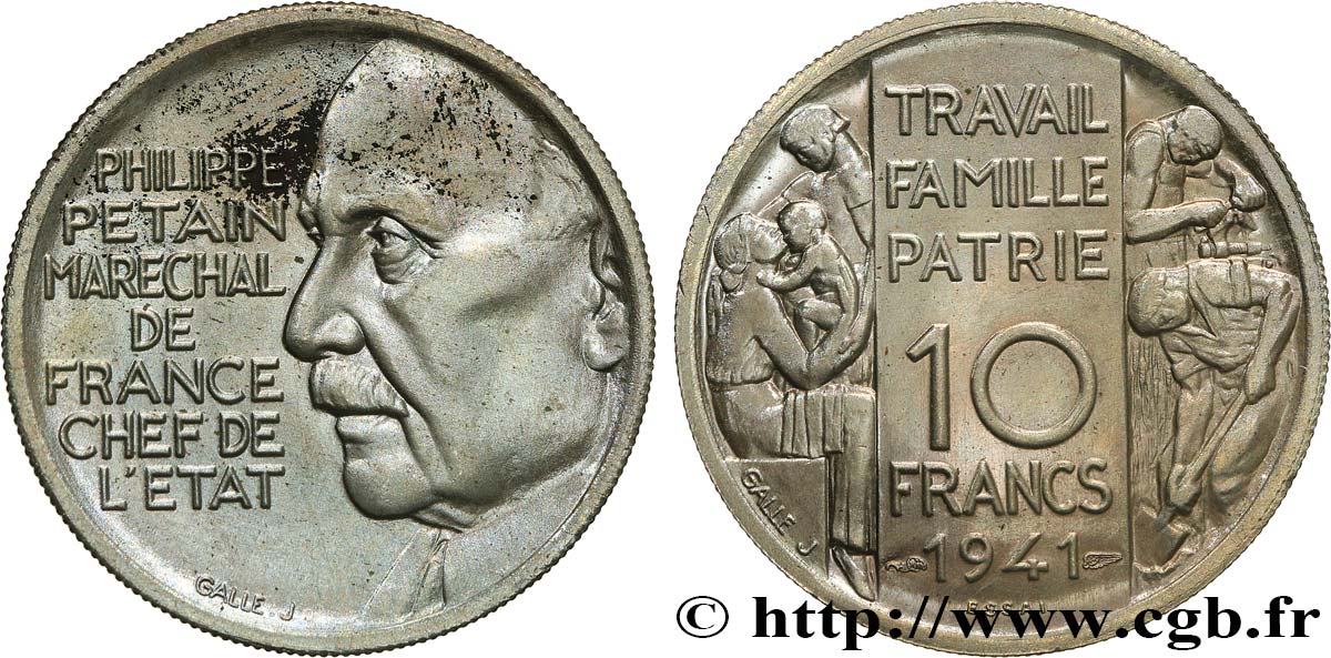 Essai de 10 francs Pétain en bronze-nickel par Galle 1941 Paris GEM.176 2 MS63 
