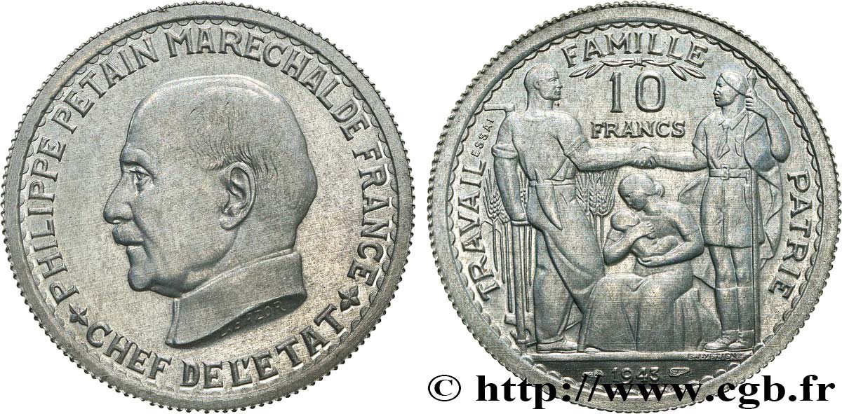 Essai de 10 francs Pétain en aluminium par Bazor/Vézien 1943 Paris GEM.179 1 fST63 