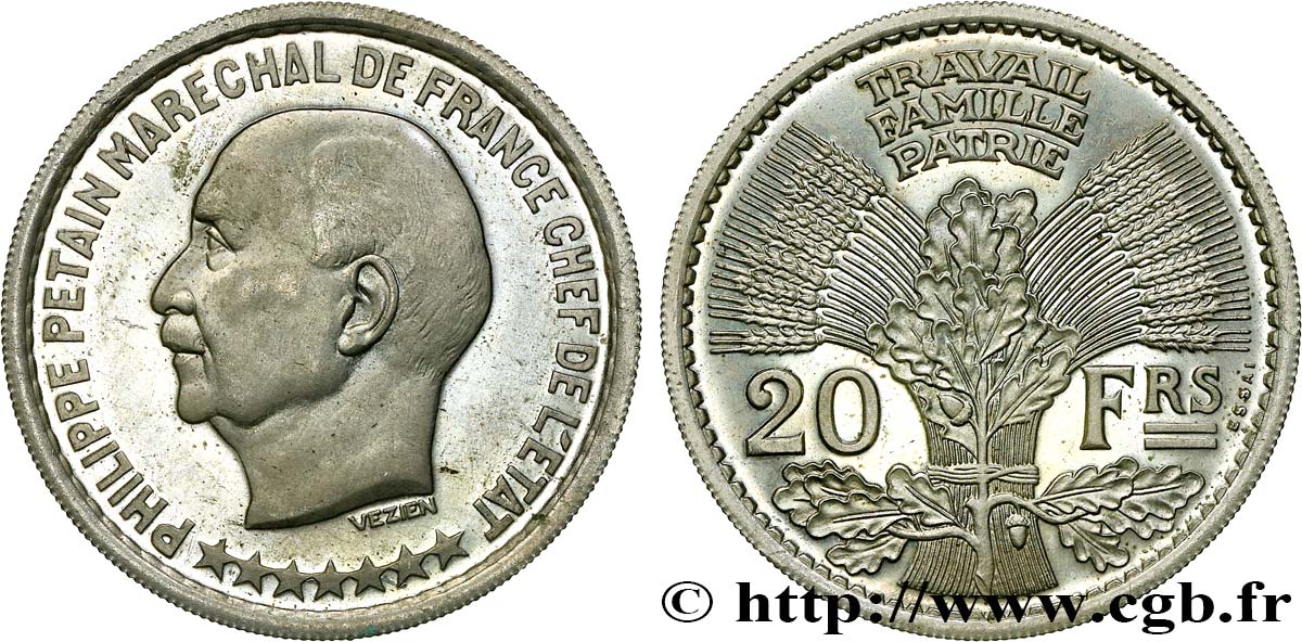 Essai hybride de 20 francs Pétain en cupro-nickel par Vézien / Cochet n.d. Paris GEM.205 5 SPL64 