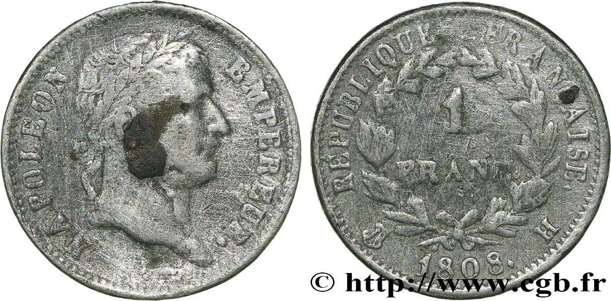 FAUX de 1 franc Napoléon Ier tête laurée, République française 1808 La Rochelle F.204/6 var. B+ 