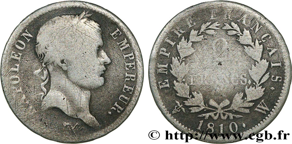 2 francs Napoléon Ier tête laurée, Empire français 1810 Lille F.255/23 B 