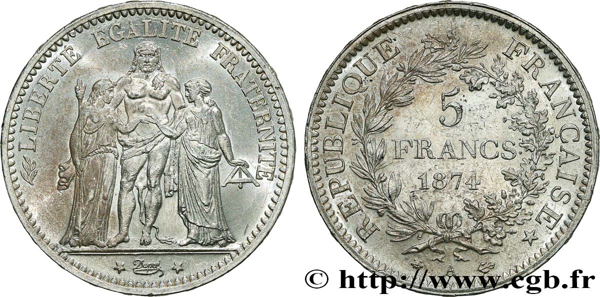 5 francs Hercule 1874 Paris F.334/12 SUP55 