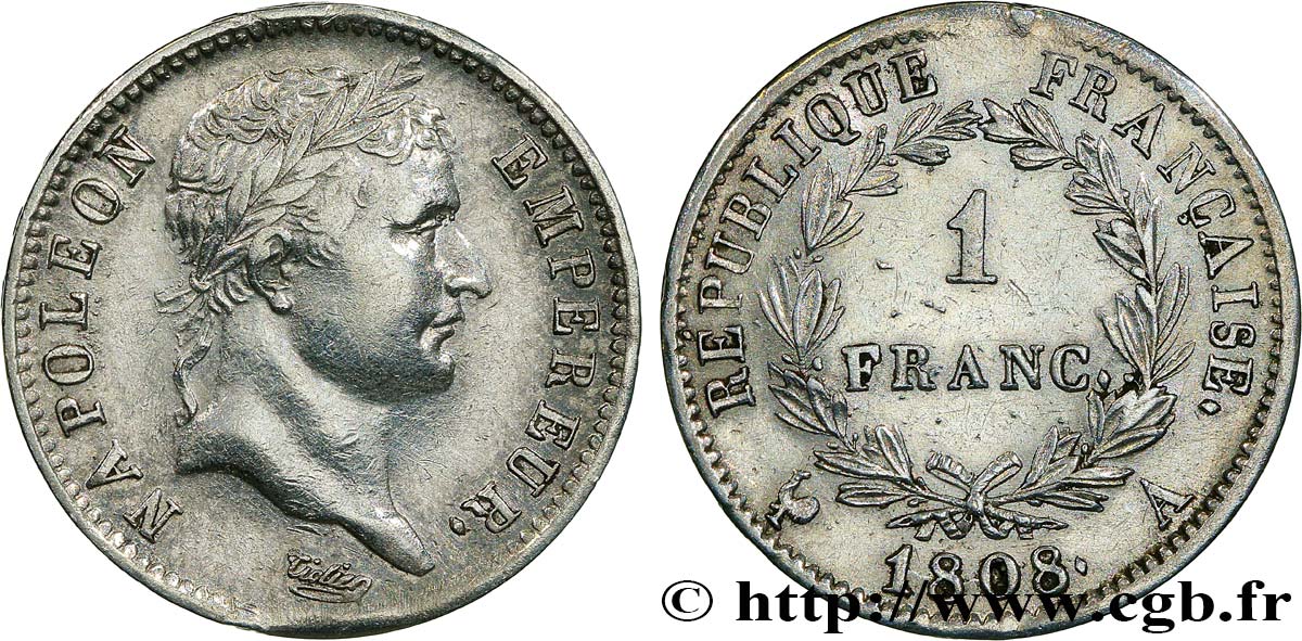 1 franc Napoléon Ier tête laurée, République française 1808 Paris F.204/2 MBC+ 