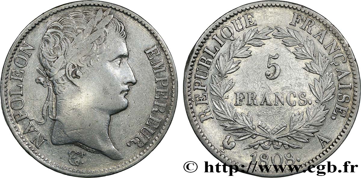 5 francs Napoléon Empereur, République française 1808 Paris F.306/2 TTB 