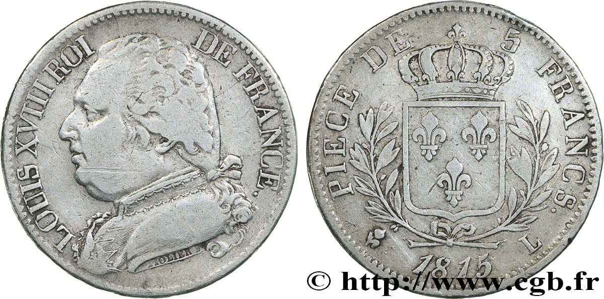 5 francs Louis XVIII, buste habillé 1815 Bayonne F.308/24 VF 
