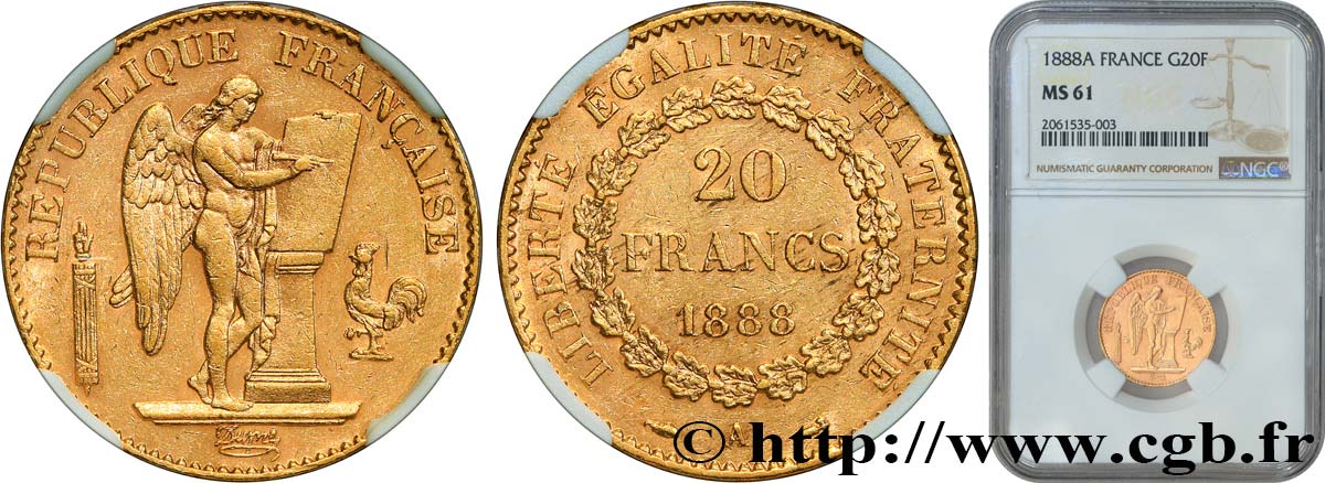 20 francs or Génie, Troisième République 1888 Paris F.533/11 MS61 NGC