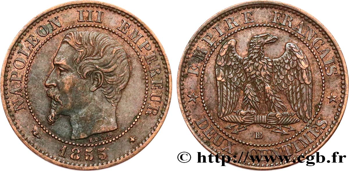 Deux centimes Napoléon III, tête nue 1855 Strasbourg F.107/23 TTB50 