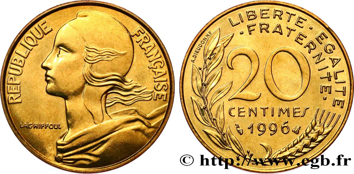 20 centimes Marianne, BU (Brillant Universel) 1996 Pessac F.156/40 FDC 