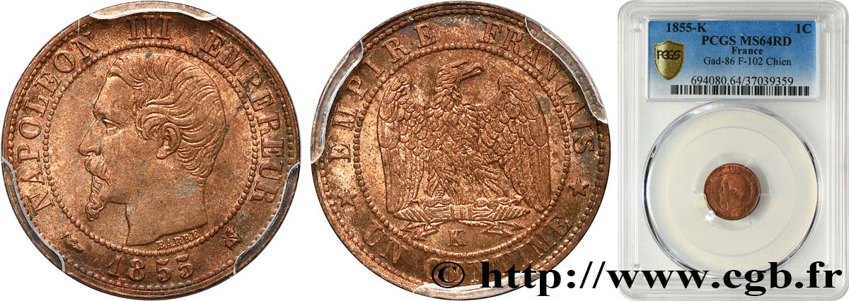 Un centime Napoléon III, tête nue 1855 Bordeaux F.102/22 MS64 PCGS