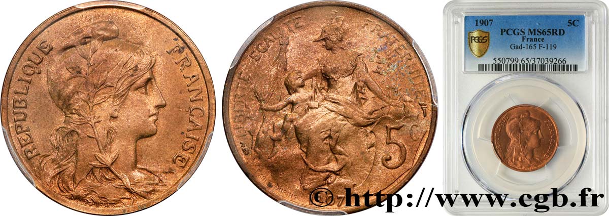 5 centimes Daniel-Dupuis 1907  F.119/17 FDC65 PCGS