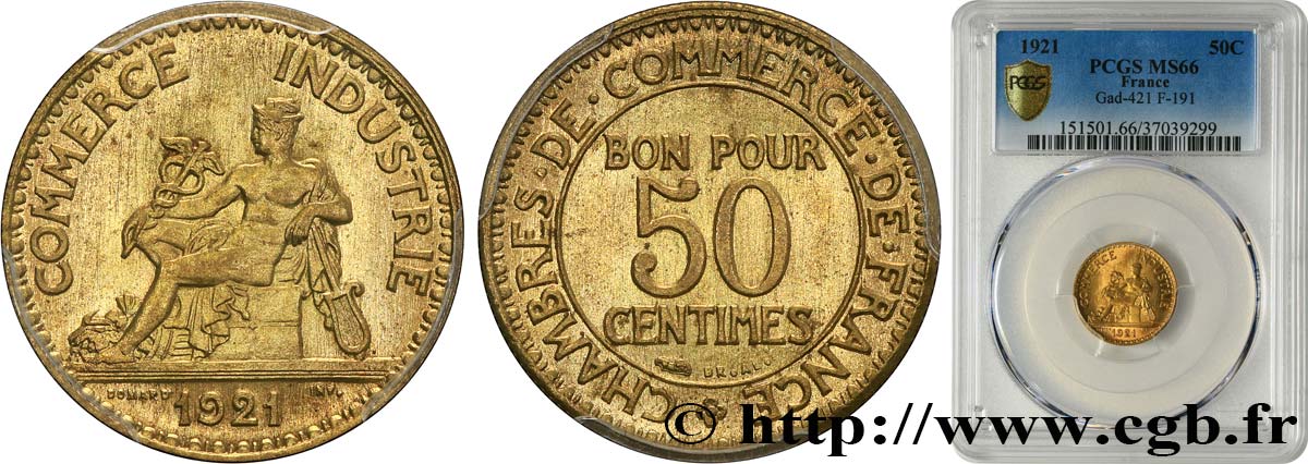 50 centimes Chambres de Commerce 1921 Paris F.191/3 FDC66 PCGS