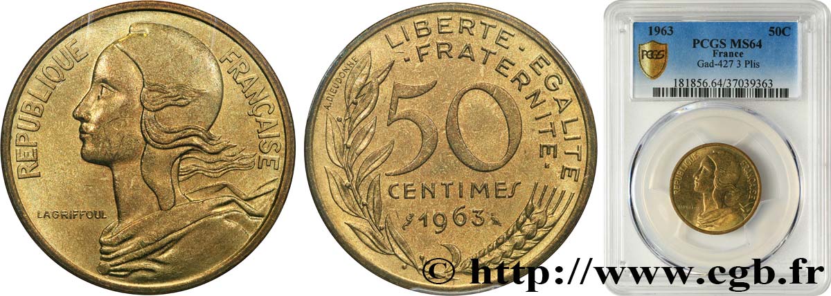 50 centimes Marianne, col à quatre plis 1963 Paris F.197/5 SPL64 PCGS