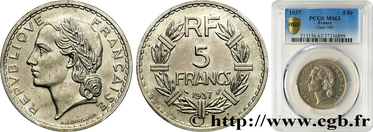 5 francs Lavrillier, nickel 1937  F.336/6 MS63 PCGS