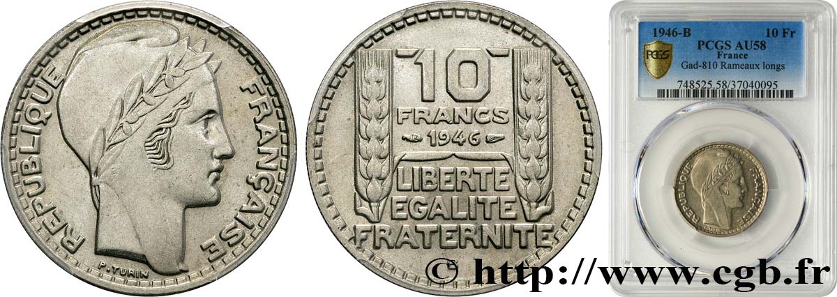 10 francs Turin, grosse tête, rameaux longs 1946 Beaumont-Le-Roger F.361/4 SUP58 PCGS