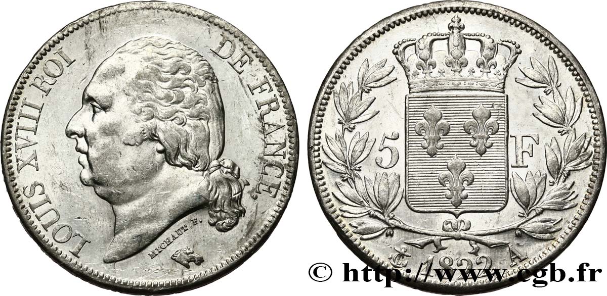 5 francs Louis XVIII, tête nue 1822 Paris F.309/68 SUP58 