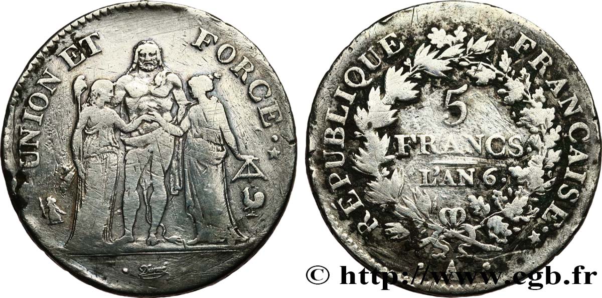 5 francs Union et Force, Union serré, avec glands intérieurs et gland extérieur 1798 Paris F.288/33 TB 
