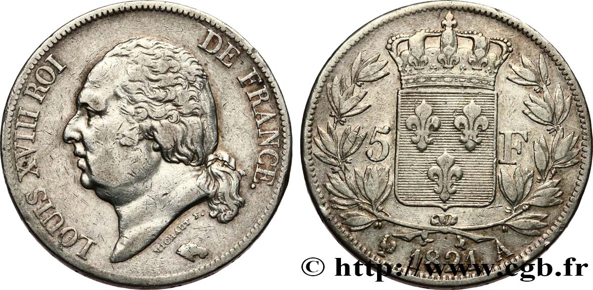 5 francs Louis XVIII, tête nue 1821 Paris F.309/60 VF35 