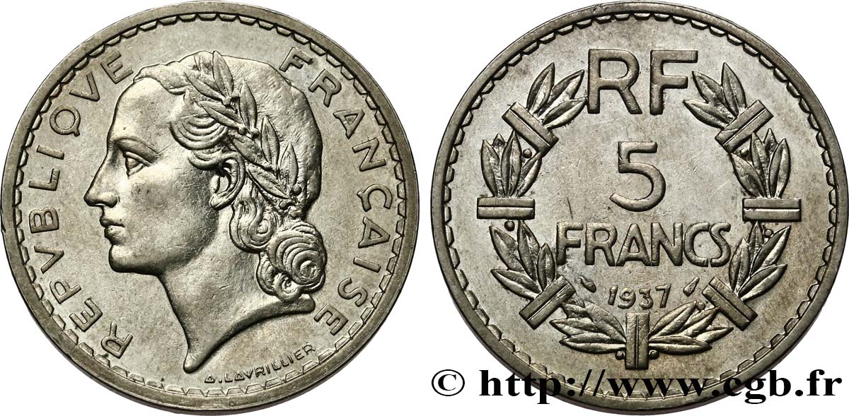 5 francs Lavrillier, nickel 1937  F.336/6 XF 