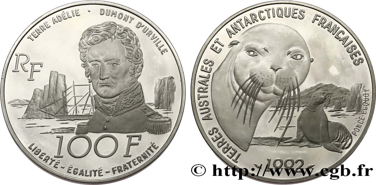 Belle Épreuve 100 francs Dumont d’Urville/otarie 1992  F.1619 1 SPL 